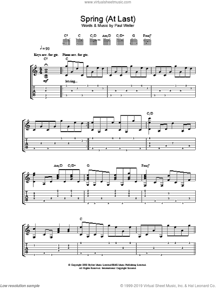 Spring (At Last) sheet music for guitar (tablature) by Paul Weller, intermediate skill level