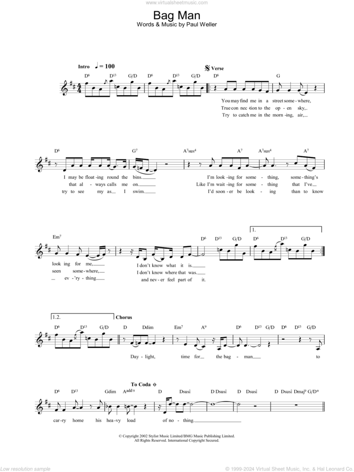 Bag Man sheet music for voice and other instruments (fake book) by Paul Weller, intermediate skill level