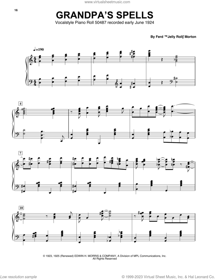 Grandpa's Spells sheet music for piano solo (transcription) by Jelly Roll Morton, Artis Wodehouse, Ferdinand Morton and Ferd 'Jelly Roll' Morton, intermediate piano (transcription)