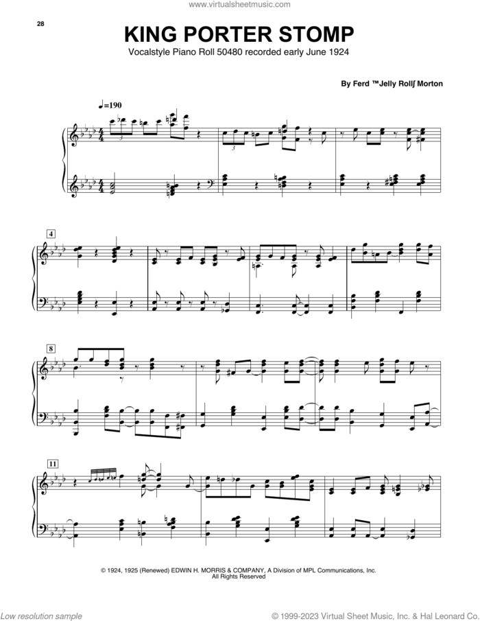 King Porter Stomp sheet music for piano solo (transcription) by Jelly Roll Morton, Artis Wodehouse, Ferdinand Morton, Ferd 'Jelly Roll' Morton, Sid Robin and Sonny Burke, intermediate piano (transcription)