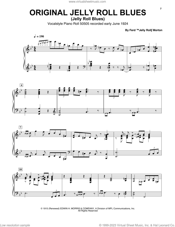 Jelly Roll Blues sheet music for piano solo (transcription) by Jelly Roll Morton, Artis Wodehouse, Ferdinand Morton and Ferd 'Jelly Roll' Morton, intermediate piano (transcription)