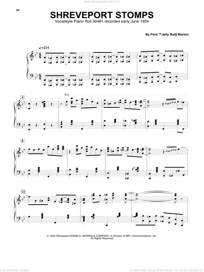 Shreveport Stomps sheet music for piano solo (transcription) by Jelly Roll Morton, Artis Wodehouse, Ferdinand Morton and Ferd 'Jelly Roll' Morton, intermediate piano (transcription)