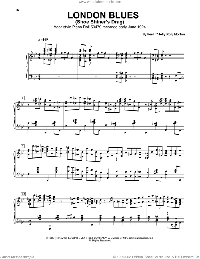 London Blues (Shoe Shiner's Drag) sheet music for piano solo (transcription) by Jelly Roll Morton, Artis Wodehouse, Ferdinand Morton and Ferd 'Jelly Roll' Morton, intermediate piano (transcription)