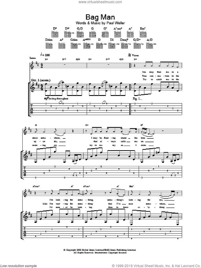 Bag Man sheet music for guitar (tablature) by Paul Weller, intermediate skill level