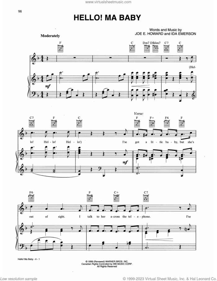 Hello! Ma Baby sheet music for voice, piano or guitar by Joseph E. Howard and Ida Emerson, intermediate skill level