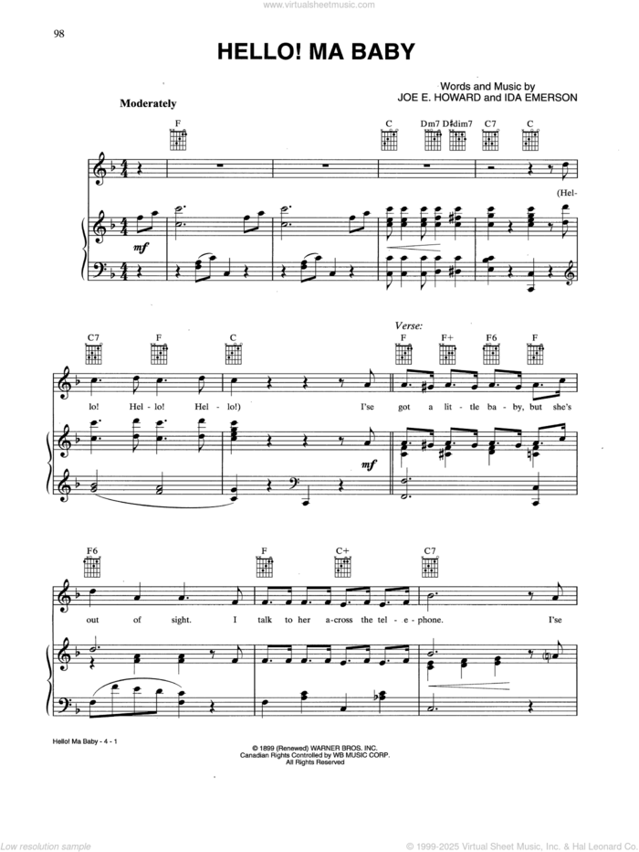 Hello! Ma Baby sheet music for voice, piano or guitar by Joseph E. Howard and Ida Emerson, intermediate skill level