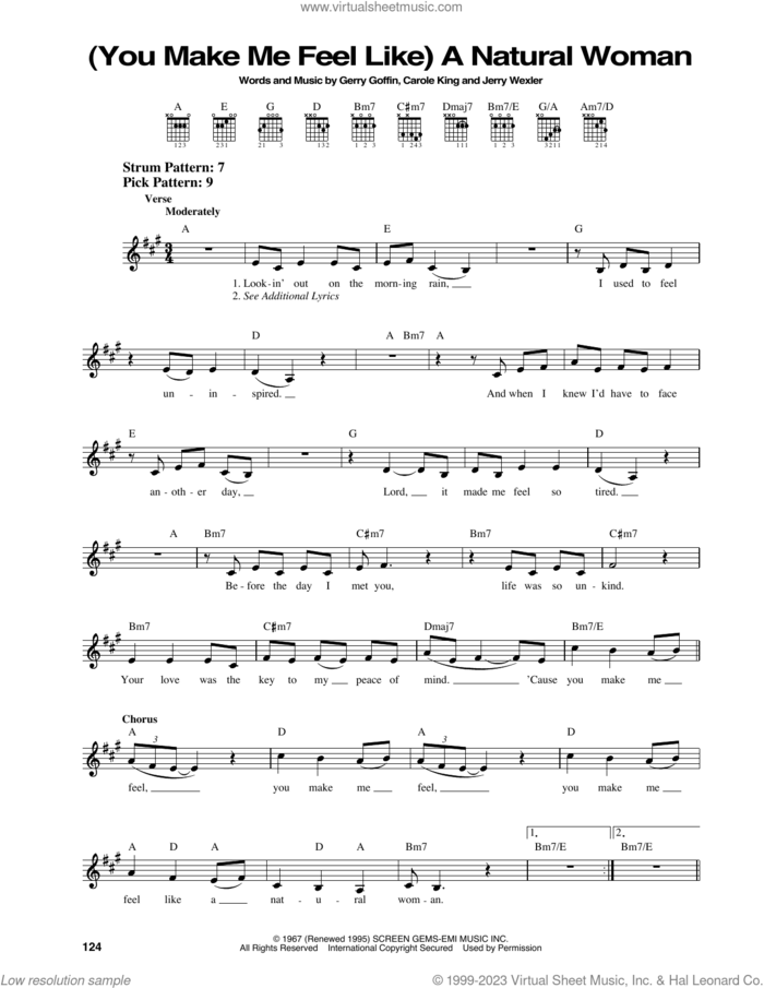 (You Make Me Feel Like) A Natural Woman sheet music for guitar solo (chords) by Aretha Franklin, Carole King, Gerry Goffin and Jerry Wexler, easy guitar (chords)