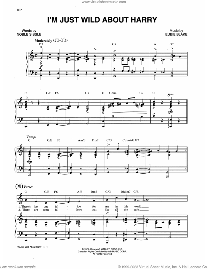 I'm Just Wild About Harry sheet music for voice, piano or guitar by Eubie Blake and Noble Sissle, intermediate skill level