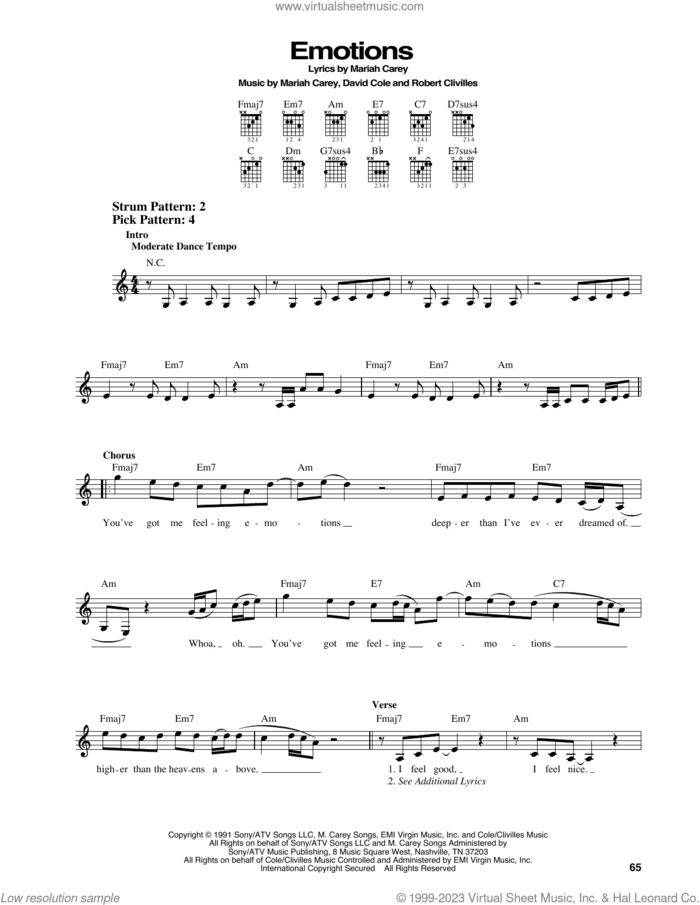 Emotions sheet music for guitar solo (chords) by Mariah Carey, David Cole and Robert Clivilles, easy guitar (chords)