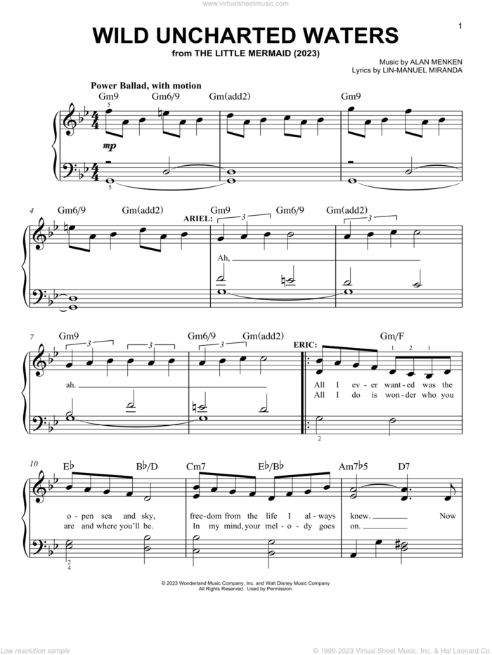 Wild Uncharted Waters (from The Little Mermaid) (2023) sheet music for piano solo by Jonah Hauer-King, Alan Menken and Lin-Manuel Miranda, easy skill level