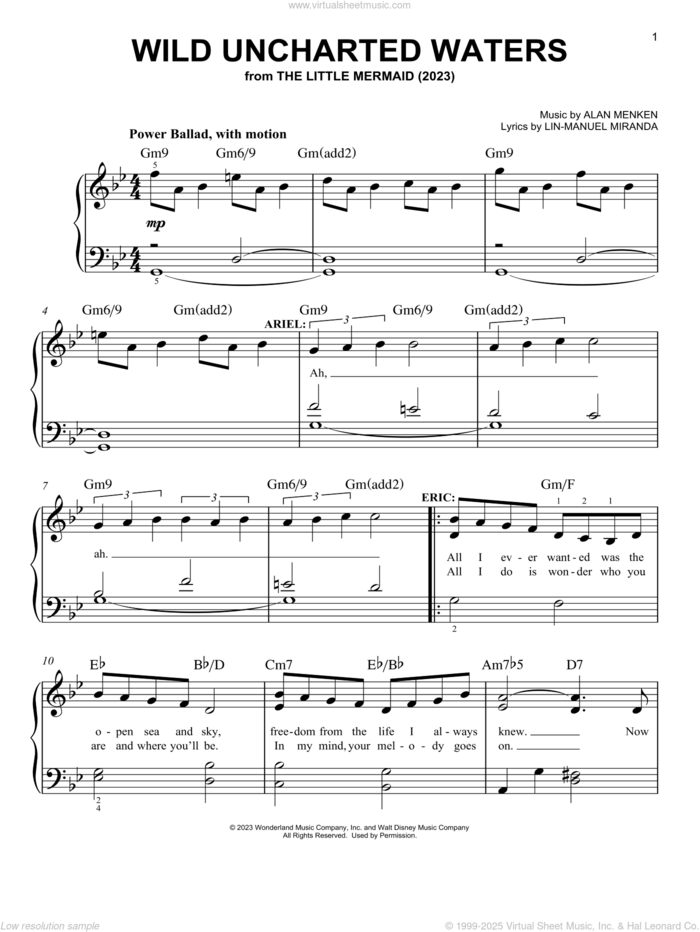Wild Uncharted Waters (from The Little Mermaid) (2023) sheet music for piano solo by Jonah Hauer-King, Alan Menken and Lin-Manuel Miranda, easy skill level