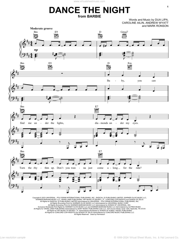 Dance The Night (from Barbie The Album) sheet music for voice, piano or guitar by Dua Lipa, Andrew Watt, Caroline Ailin and Mark Ronson, intermediate skill level
