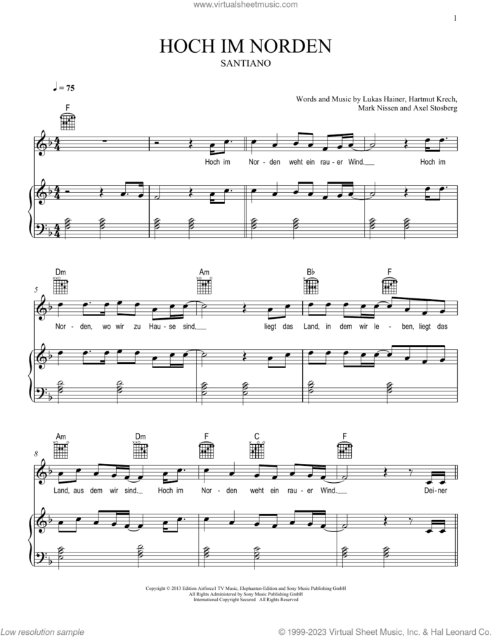 Hoch im Norden sheet music for voice, piano or guitar by Santiano, Axel Stosberg, Hartmut Krech, Lukas Hainer and Mark Nissen, intermediate skill level