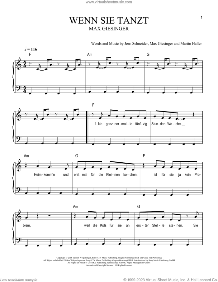 Wenn Sie Tanzt sheet music for piano solo by Max Giesinger, Jens Schneider and Martin Haller, easy skill level