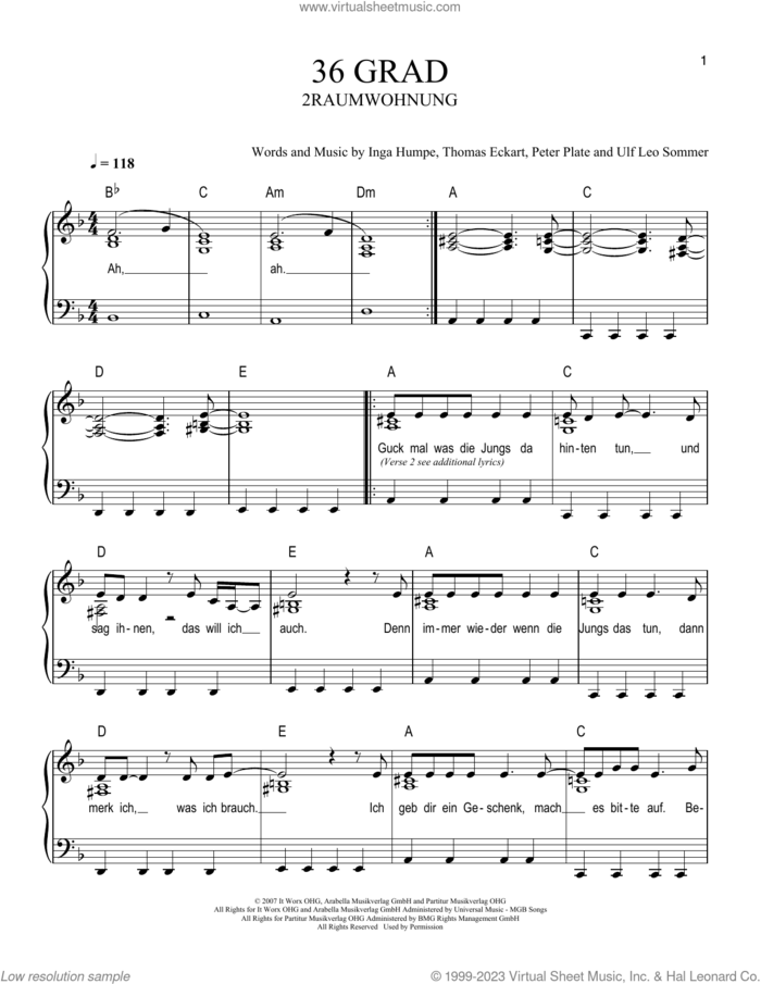 36Grad sheet music for piano solo by 2raumwohnung, Inga Humpe, Peter Plate, Thomas Eckart and Ulf Leo Sommer, easy skill level
