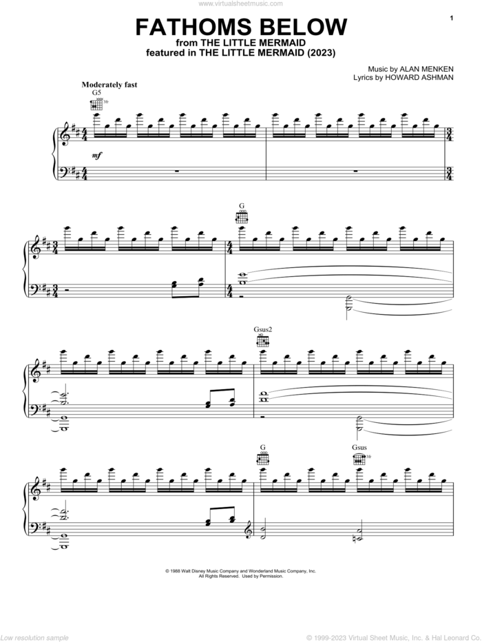 Fathoms Below (from The Little Mermaid) (2023) sheet music for voice, piano or guitar by Jonah Hauer-King, John Dagleish and Christopher Fairbank, Christopher Fairbank, John Dagleish, Jonah Hauer-King, Alan Menken and Howard Ashman, intermediate skill level