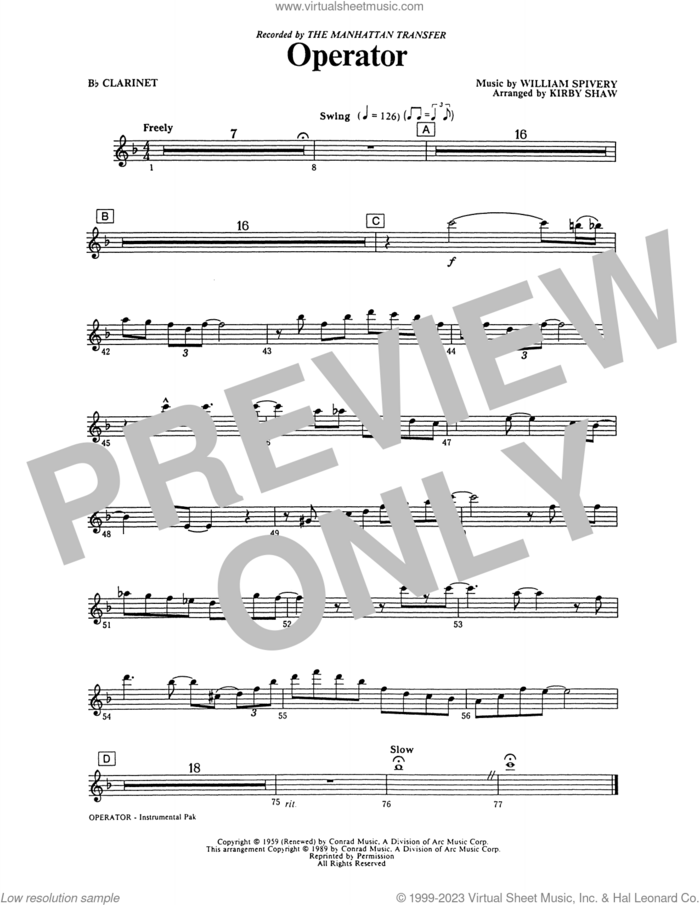 Operator (arr. Kirby Shaw) (complete set of parts) sheet music for orchestra/band (Rhythm) by The Manhattan Transfer, Kirby Shaw and William Spivery, intermediate skill level