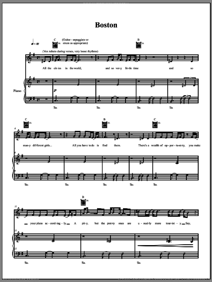 Boston sheet music for voice, piano or guitar by The Dresden Dolls and Amanda Palmer, intermediate skill level