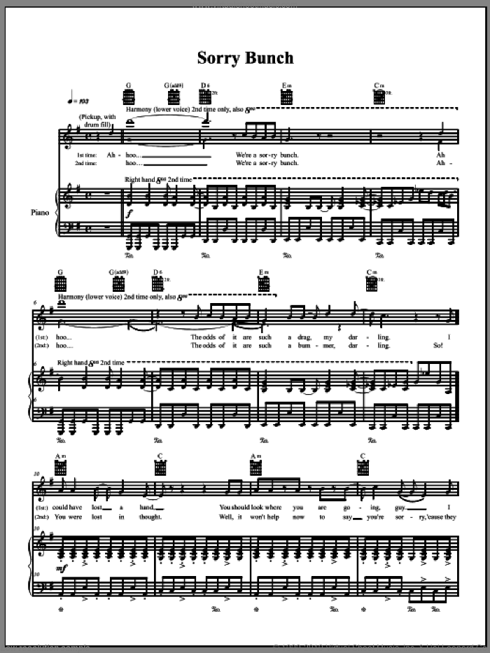 Sorry Bunch sheet music for voice, piano or guitar by The Dresden Dolls and Amanda Palmer, intermediate skill level