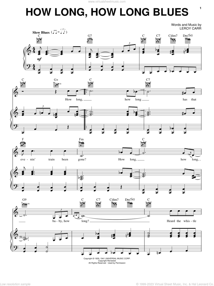 How Long, How Long Blues sheet music for voice, piano or guitar by Leroy Carr, intermediate skill level