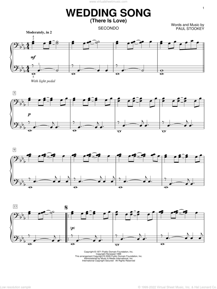 Wedding Song (There Is Love) sheet music for piano four hands by Peter, Paul & Mary, Captain & Tennille, Petula Clark and Paul Stookey, wedding score, intermediate skill level