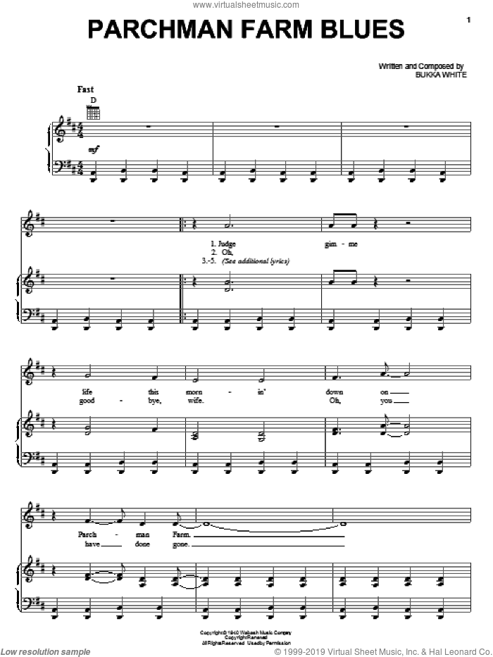 Parchman Farm Blues sheet music for voice, piano or guitar by Bukka White, intermediate skill level