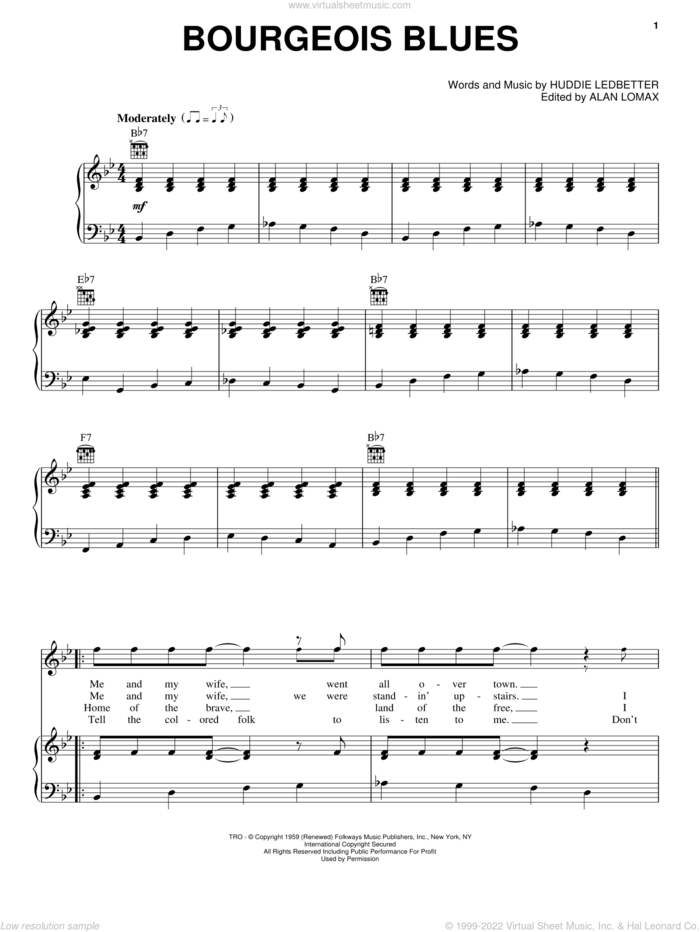 Bourgeois Blues sheet music for voice, piano or guitar by Lead Belly and Huddie Ledbetter, intermediate skill level
