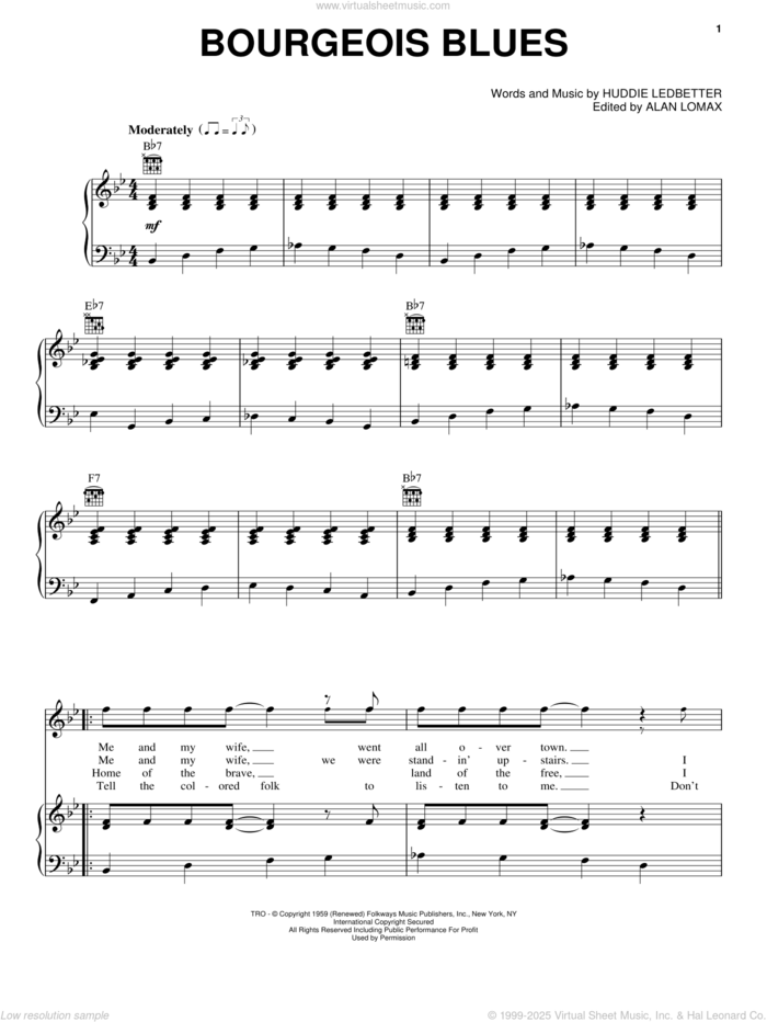 Bourgeois Blues sheet music for voice, piano or guitar by Lead Belly and Huddie Ledbetter, intermediate skill level