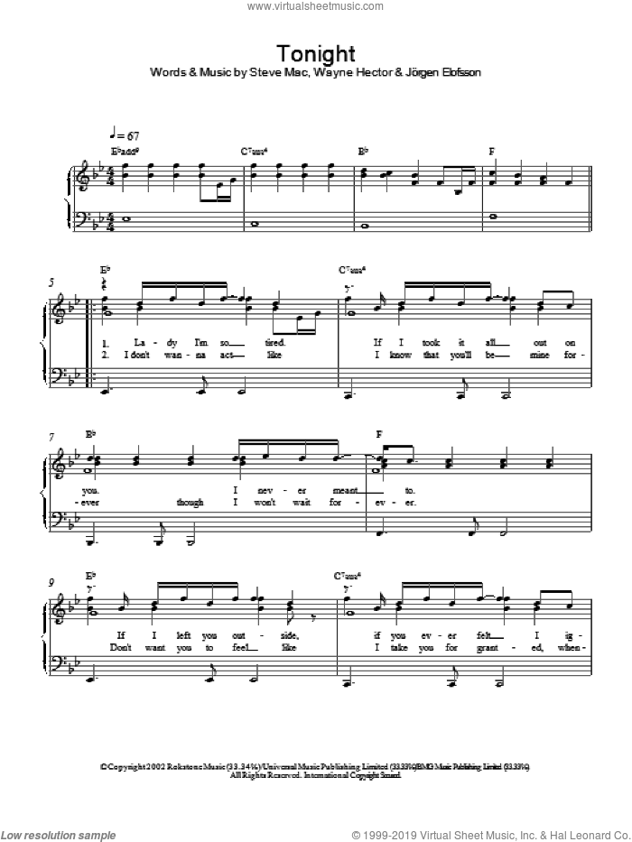 Tonight sheet music for piano solo by Westlife, intermediate skill level