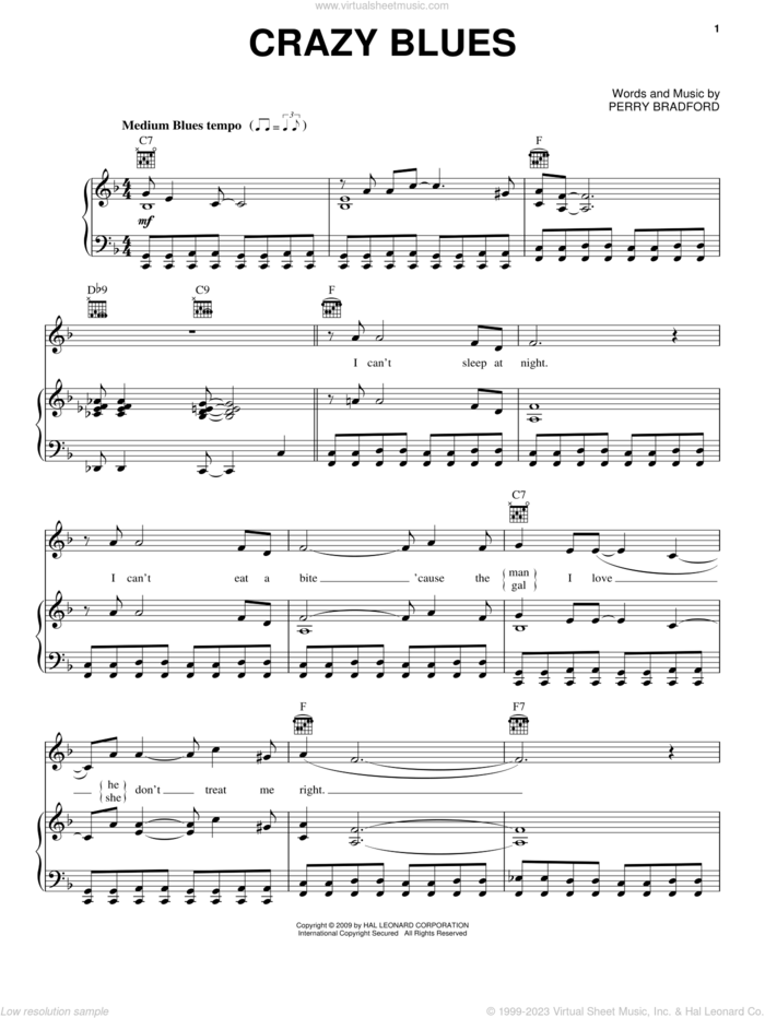 Crazy Blues sheet music for voice, piano or guitar by Perry Bradford, intermediate skill level