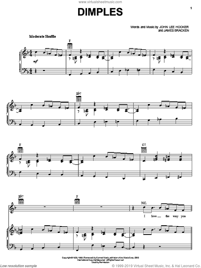 Dimples sheet music for voice, piano or guitar by John Lee Hooker and James Bracken, intermediate skill level