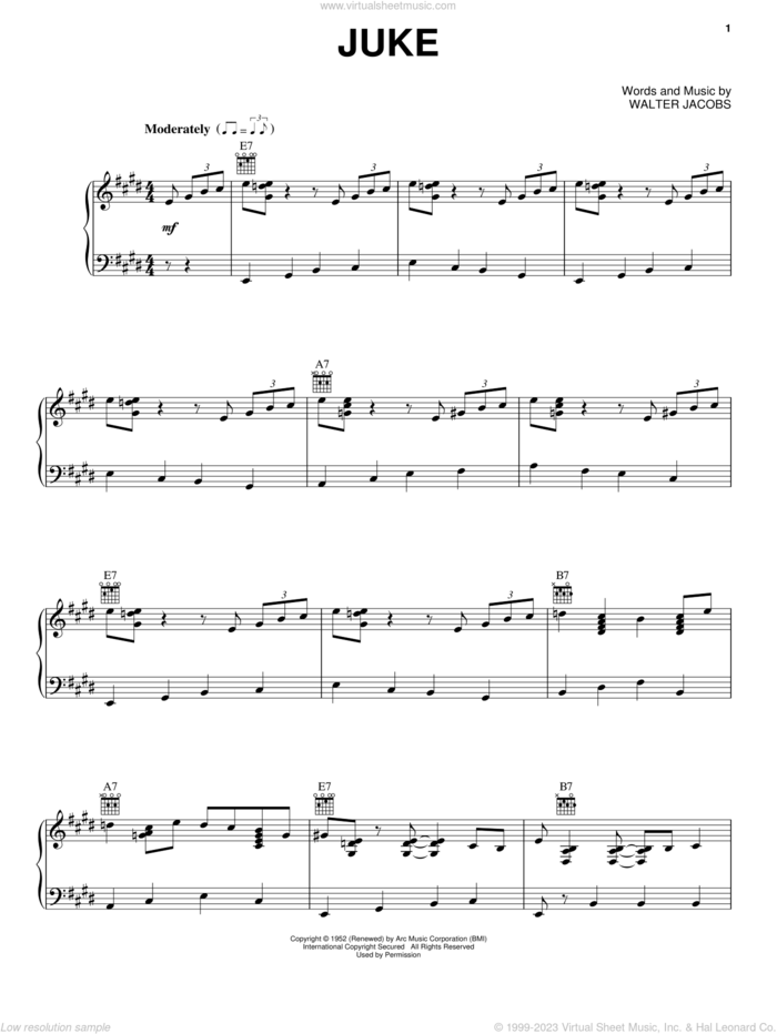 Juke sheet music for voice, piano or guitar by Walter Jacobs and Little Walter, intermediate skill level