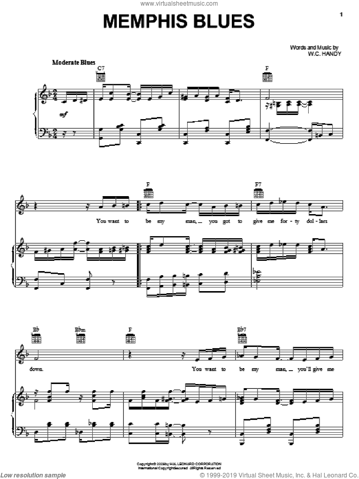 Memphis Blues sheet music for voice, piano or guitar by W.C. Handy, intermediate skill level