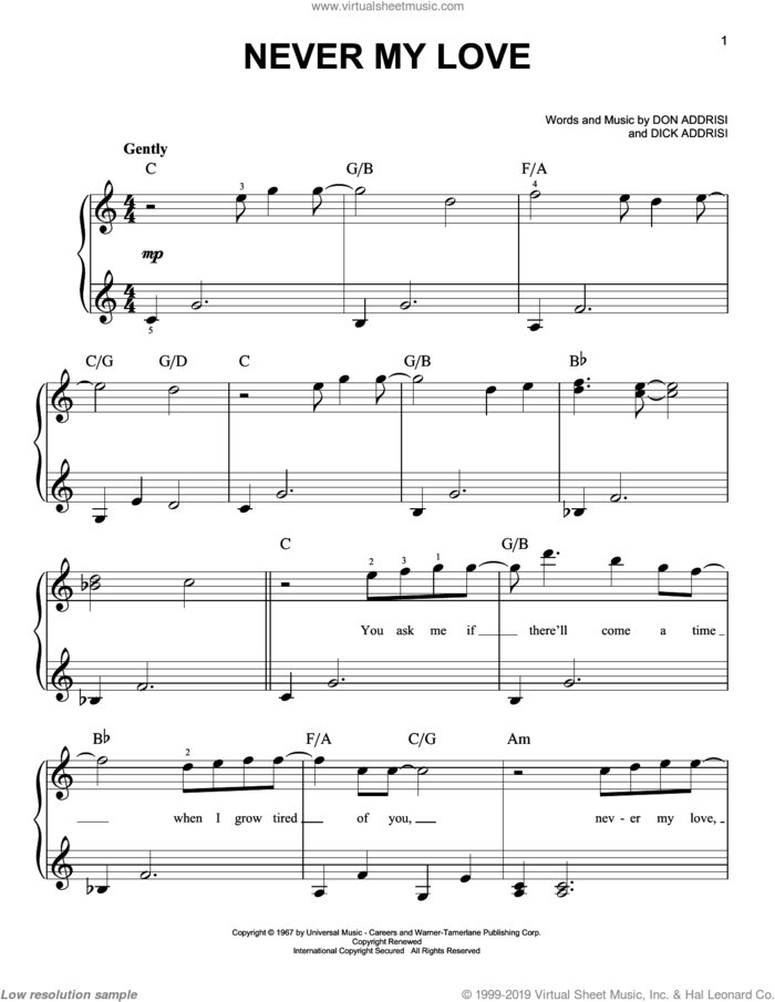 Never My Love sheet music for piano solo by Dick Addrisi, Blue Swede, The Association, The Fifth Dimension and Don Addrisi, wedding score, easy skill level