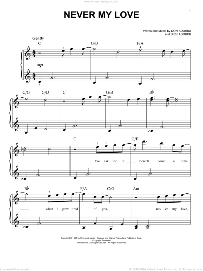 Never My Love sheet music for piano solo by Dick Addrisi, Blue Swede, The Association, The Fifth Dimension and Don Addrisi, wedding score, easy skill level