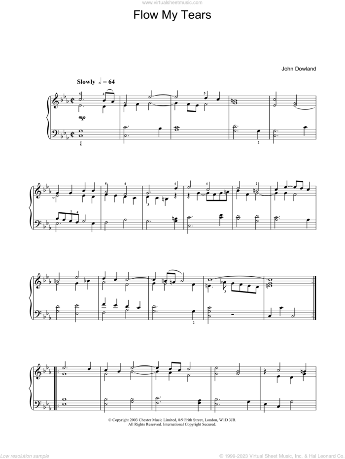 Flow My Tears sheet music for piano solo by John Dowland, intermediate skill level