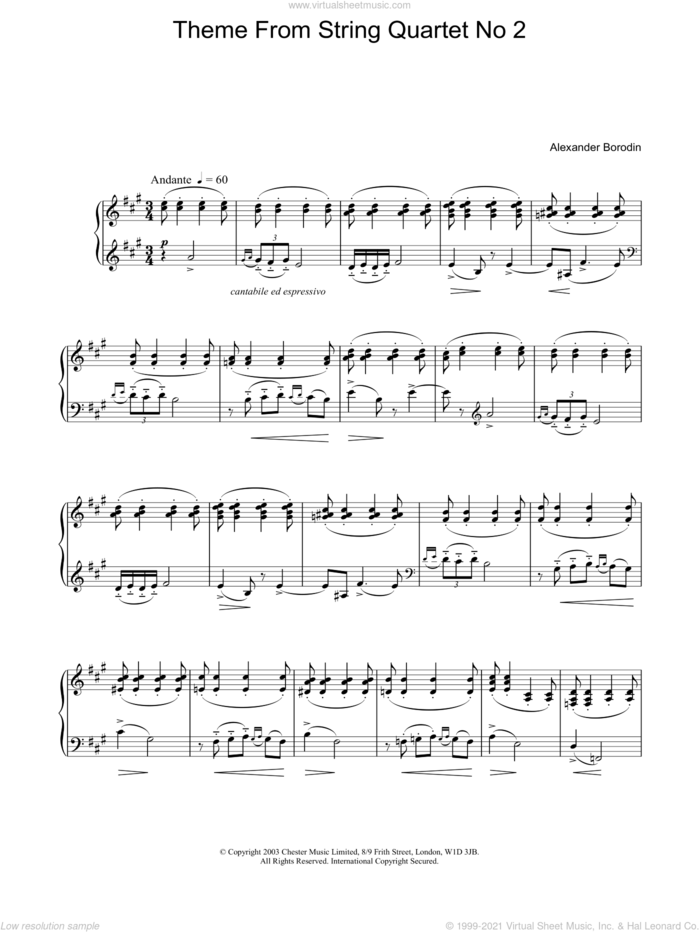 Theme From String Quartet No 2 sheet music for piano solo by Alexander Borodin, classical score, intermediate skill level