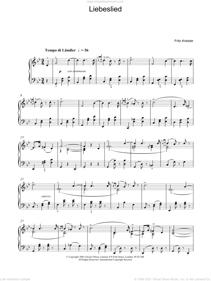 Liebesleid sheet music for piano solo by Fritz Kreisler, classical score, intermediate skill level