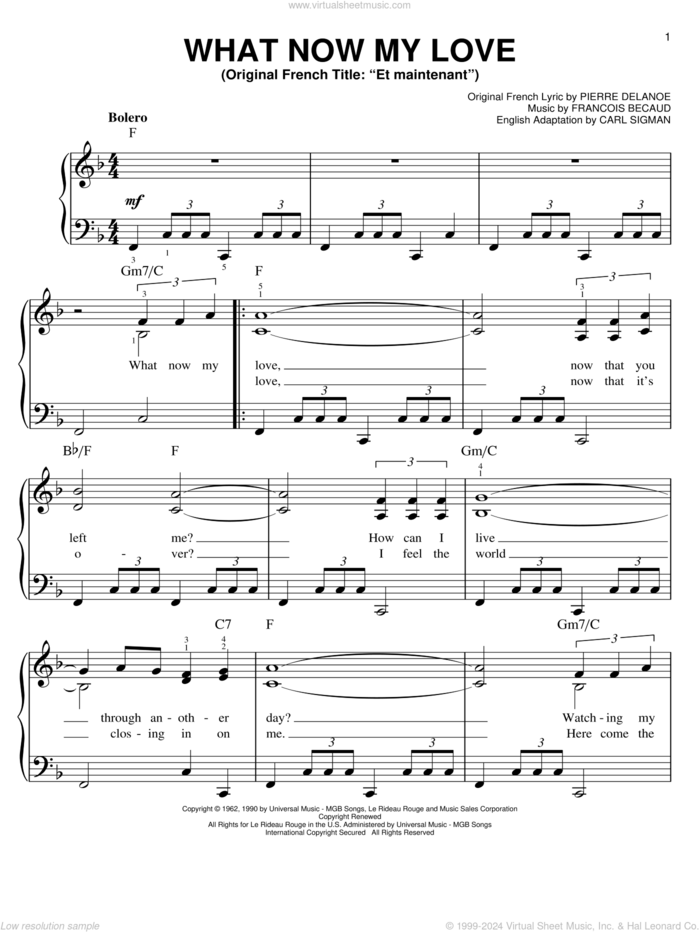 What Now My Love sheet music for piano solo by Gilbert Becaud, Elvis Presley, Frank Sinatra, Herb Alpert, Herb Alpert & The Tijuana Brass, Sonny & Cher, Carl Sigman and Pierre Delanoe, easy skill level