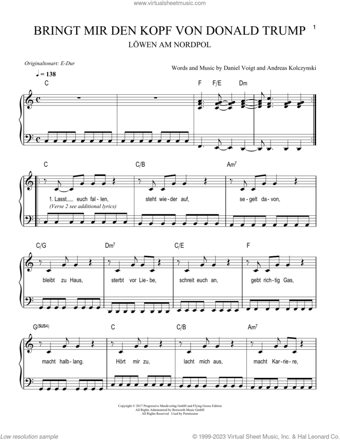 Bringt mir den Kopf von Donald Trump sheet music for piano solo by Löwen am Nordpol, Andreas Kolczynski and Daniel Voigt, easy skill level