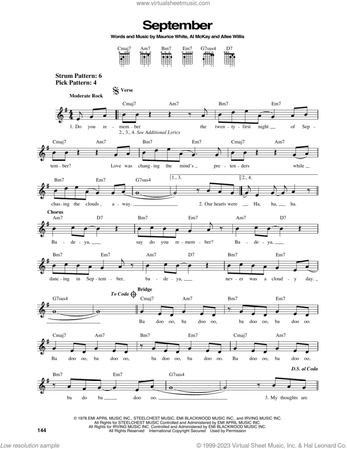 September sheet music for guitar solo (chords) by Earth, Wind & Fire, Al McKay, Allee Willis and Maurice White, easy guitar (chords)