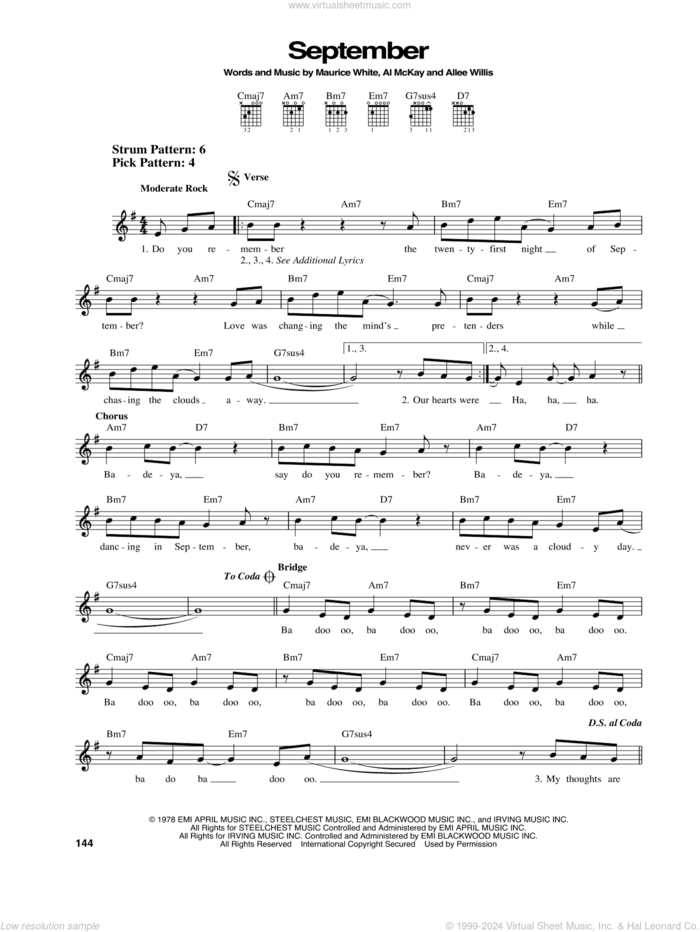 September sheet music for guitar solo (chords) by Earth, Wind & Fire, Al McKay, Allee Willis and Maurice White, easy guitar (chords)