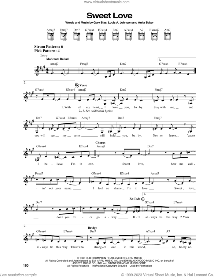 Sweet Love sheet music for guitar solo (chords) by Anita Baker, Gary Bias and Louis Johnson, easy guitar (chords)