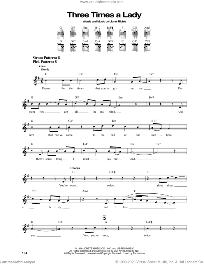 Three Times A Lady sheet music for guitar solo (chords) by The Commodores and Lionel Richie, easy guitar (chords)