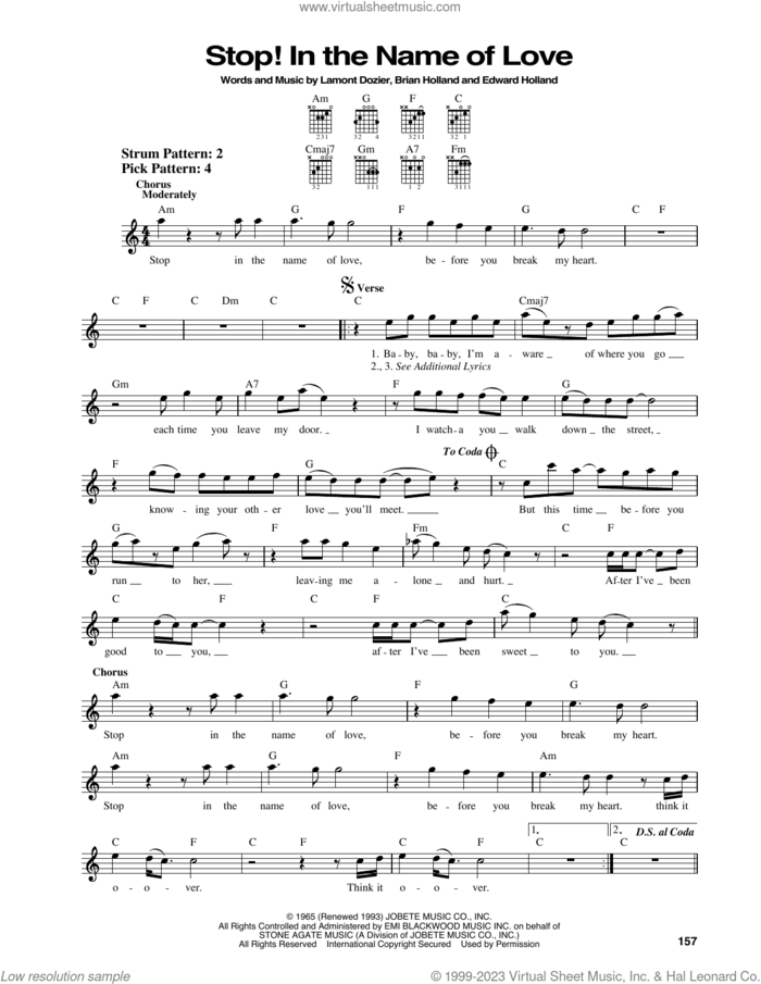 Stop! In The Name Of Love sheet music for guitar solo (chords) by The Supremes, Brian Holland, Edward Holland Jr. and Lamont Dozier, easy guitar (chords)