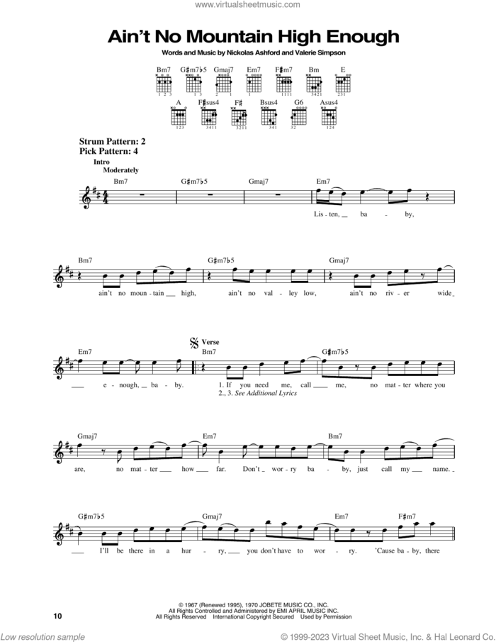 Ain't No Mountain High Enough sheet music for guitar solo (chords) by Marvin Gaye & Tammi Terrell, Nickolas Ashford and Valerie Simpson, easy guitar (chords)