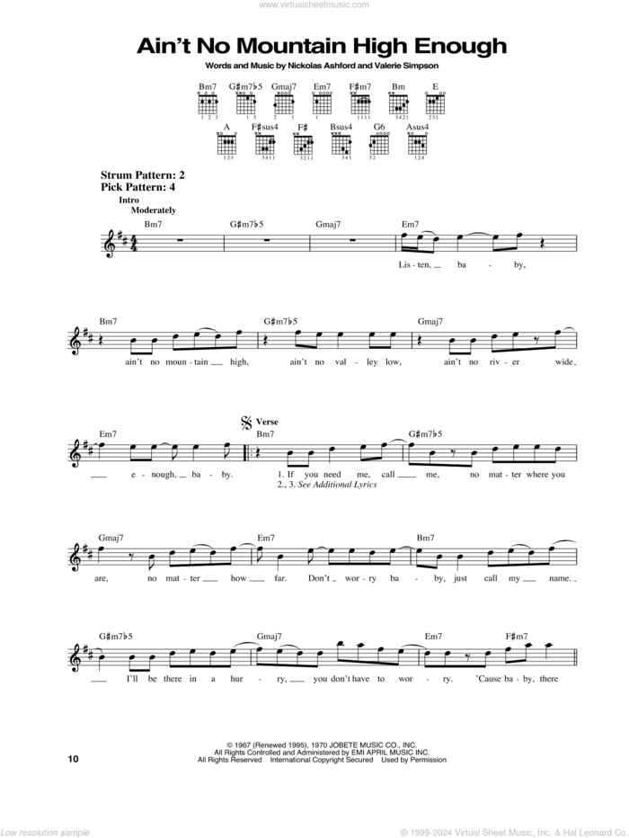 Ain't No Mountain High Enough sheet music for guitar solo (chords) by Marvin Gaye & Tammi Terrell, Nickolas Ashford and Valerie Simpson, easy guitar (chords)