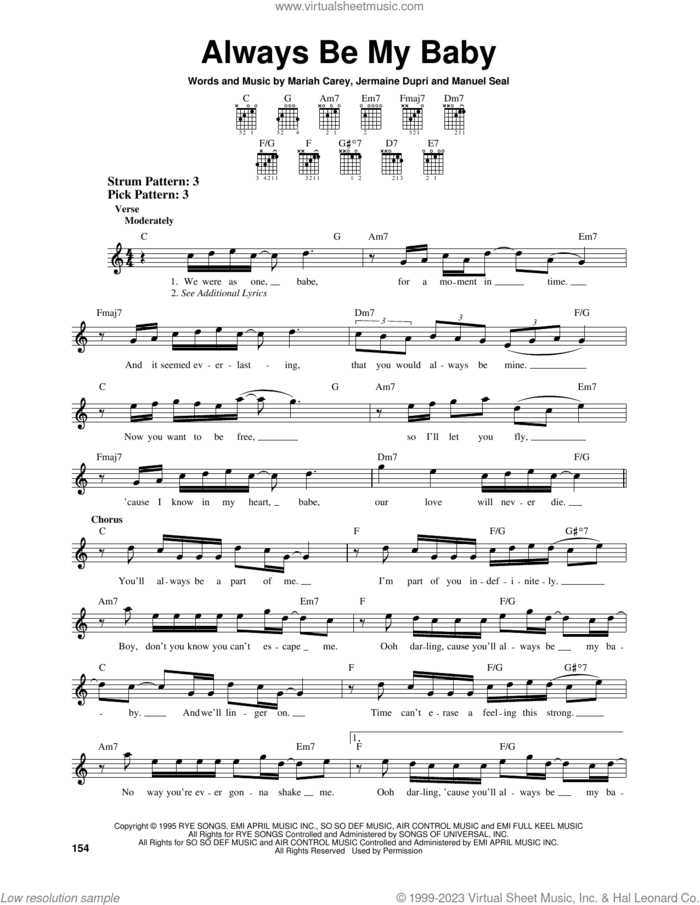 Always Be My Baby sheet music for guitar solo (chords) by Mariah Carey, Jermaine Dupri and Manuel Seal, easy guitar (chords)