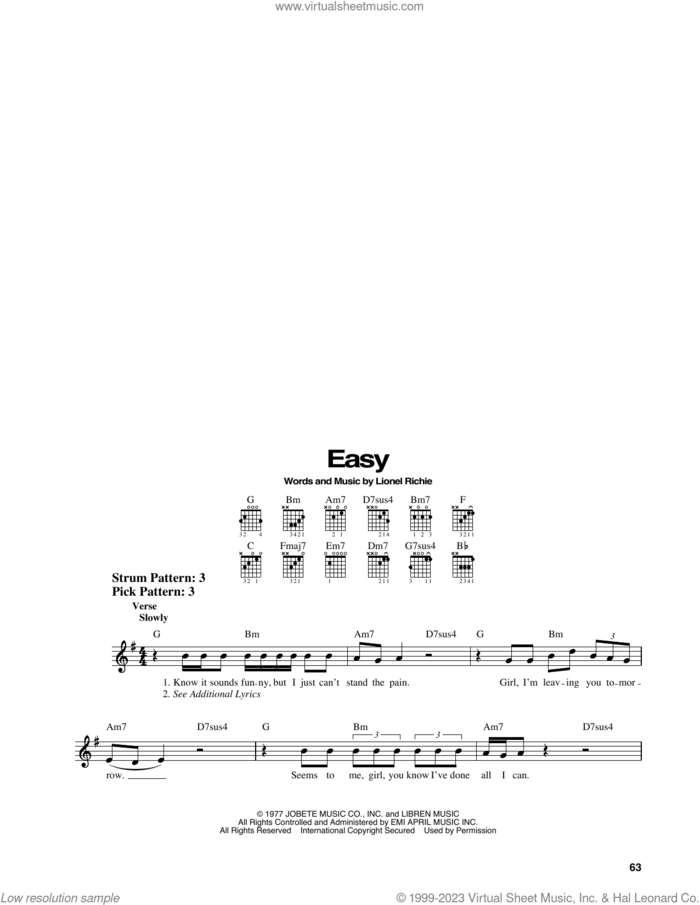 Easy sheet music for guitar solo (chords) by The Commodores and Lionel Richie, easy guitar (chords)