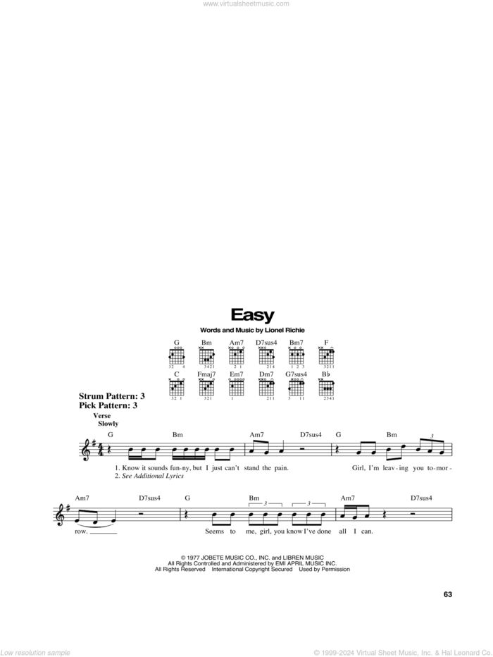 Easy sheet music for guitar solo (chords) by The Commodores and Lionel Richie, easy guitar (chords)